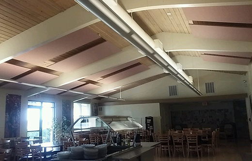 ceiling mounted sound panels control noise levels in a fellowship hall