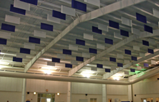 sound baffles in a loud swimming pool room controlling noise