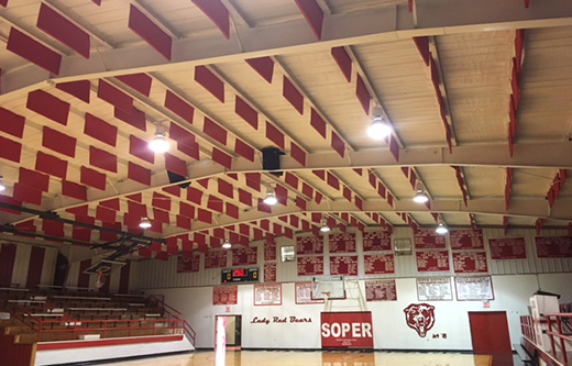 ceiling suspended sound baffles controlling gymnasium noise