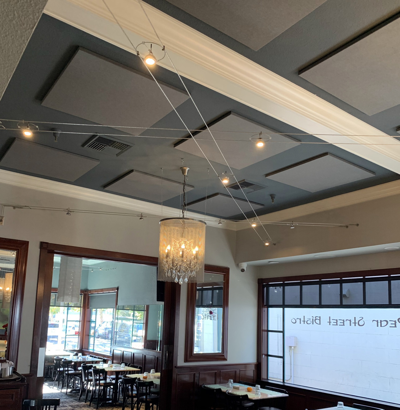 acoustic ceiling mounted sound panels control echo