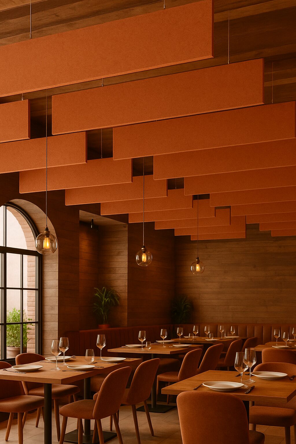 NetWell FELT Baffles installed in a restaurant ceiling for noise control and modern design