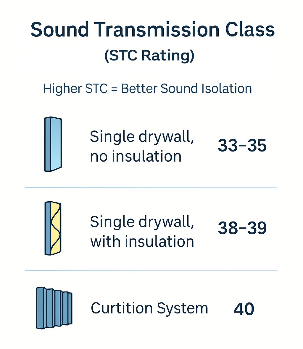 Sound Transmission Classification (STC Rating) chart comparing single drywall walls and Curtition System sound barriers by NetWell Noise Control.